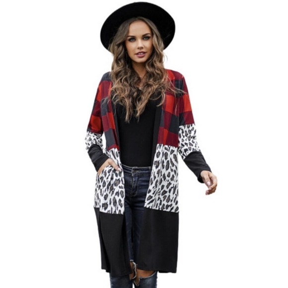 NEW - Plaid / Mixed Print Longline Open Front Tunic Cardigan Womens Size‎ M - Picture 1 of 11